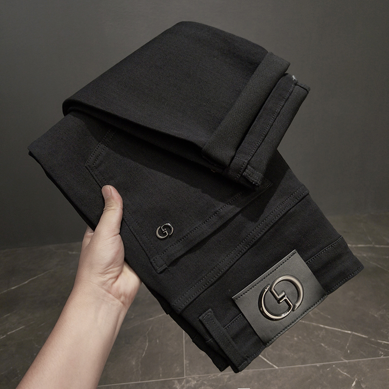 高端轻奢男士九分长裤牛仔裤秋冬新款纯黑色加绒加厚锁温弹力直筒