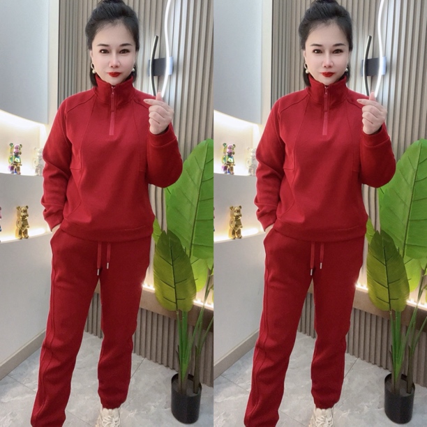 加绒半拉链时尚运动套装2025秋冬新款休闲宽松网红两件套