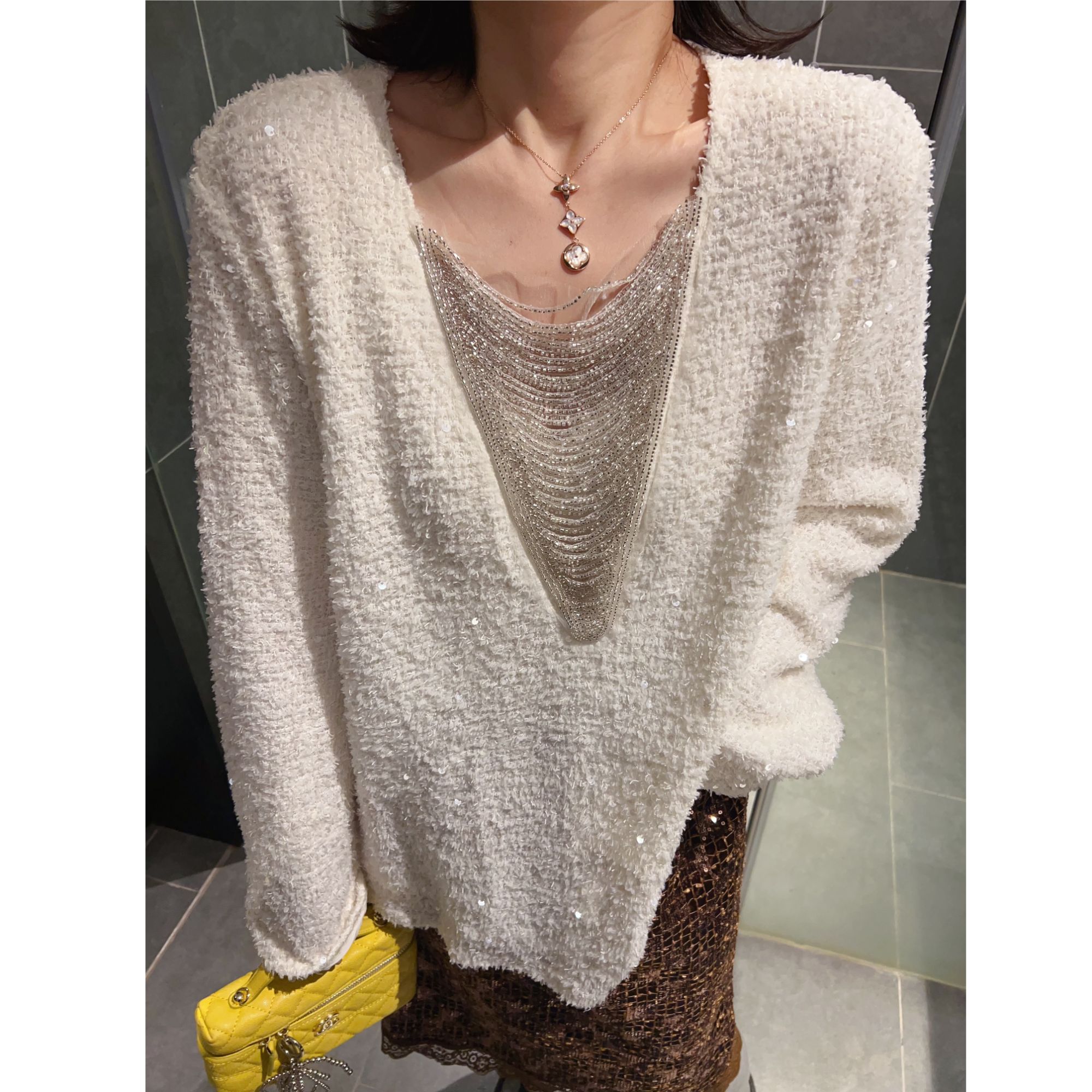 欧货2025冬季新款打底衫女士重工穿珠拼接亮片宽松百搭中长款小衫