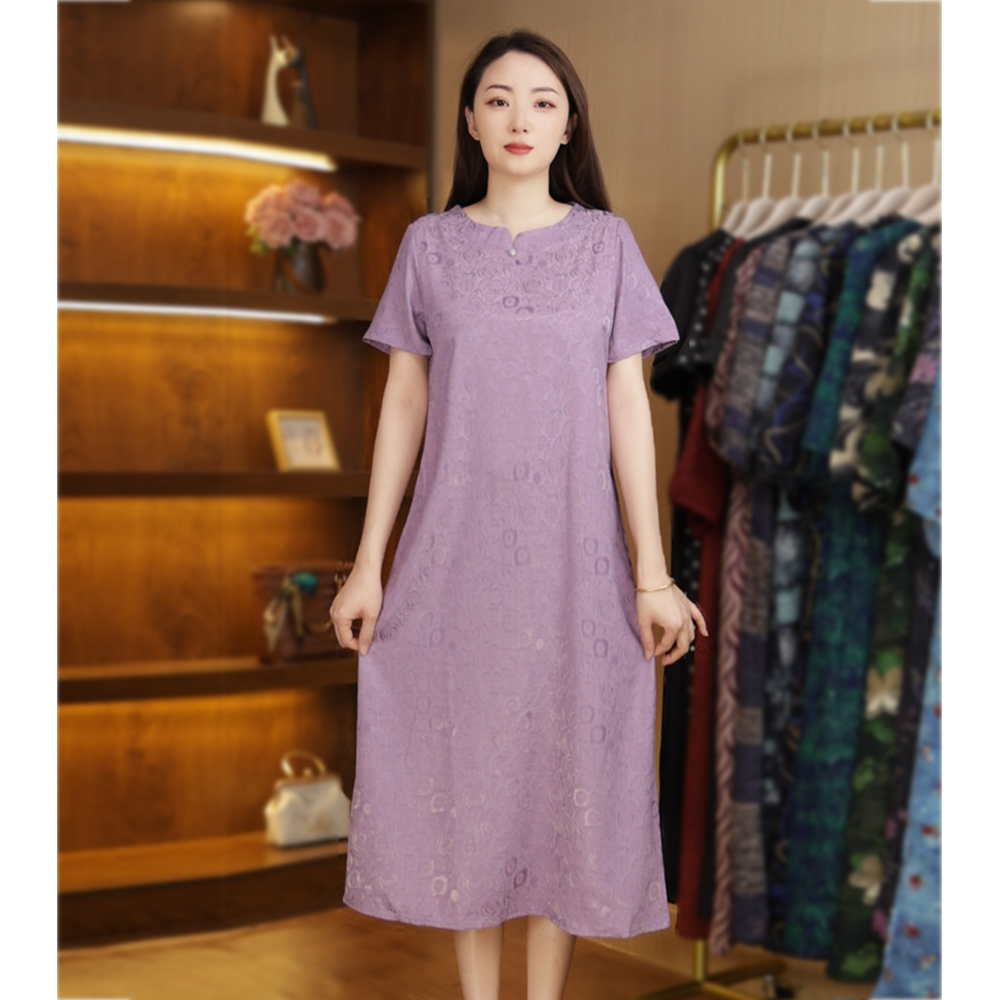 新款连衣裙纯紫浮花短袖女中长裙