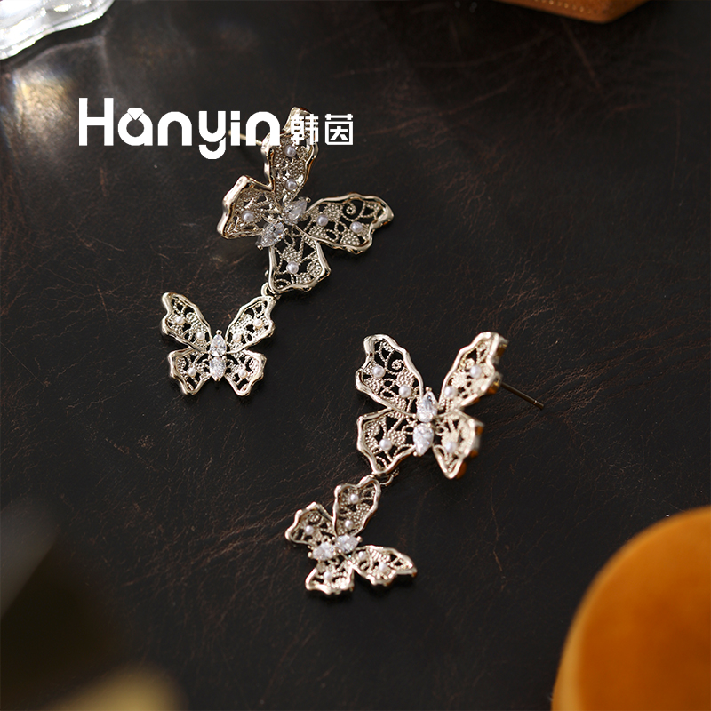 铜合金合成锆石耳饰 925银针 高定优雅翩翩起舞蕾丝蝴蝶耳钉AAA
