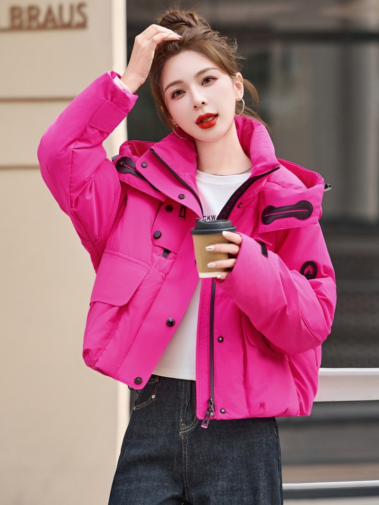 红色派克羽绒棉服女短款2025冬新款小个子休闲工装冲锋衣连帽外套