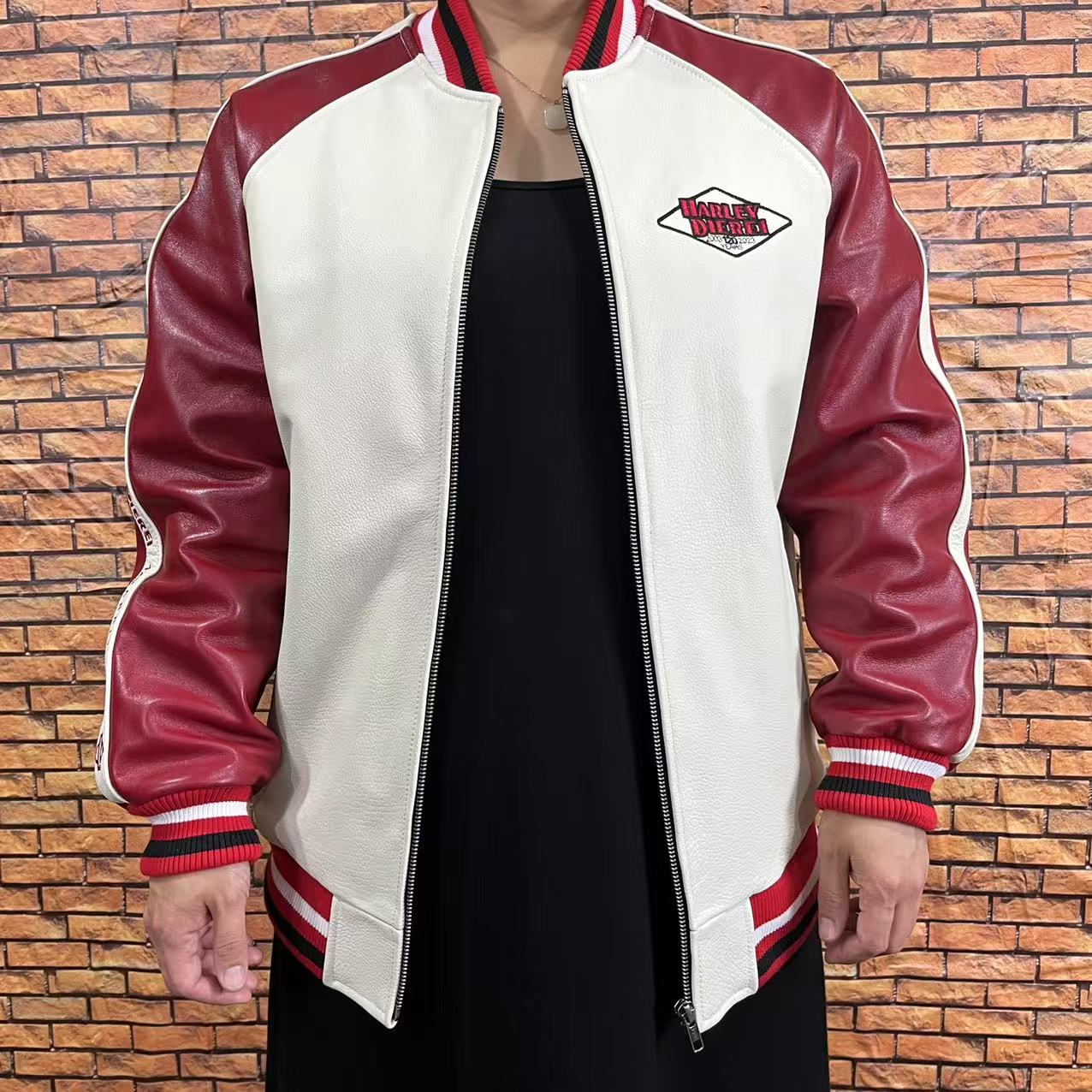 真皮皮衣青少年情侣棒球款免烫宽松型四季通用秋季冬皮衣拼色条纹