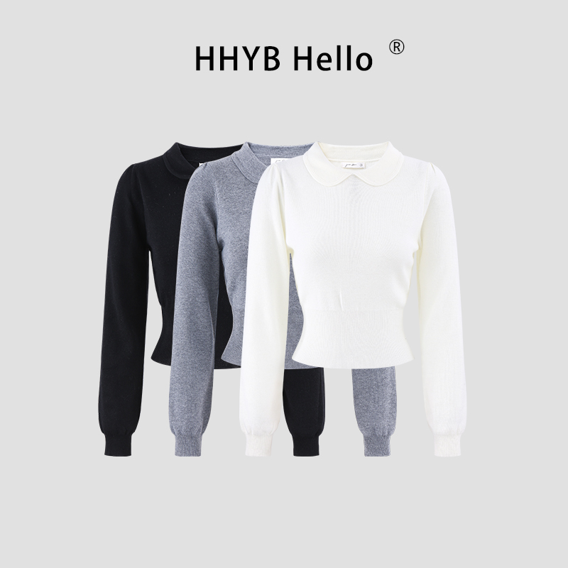 HHYB Hello小娃娃领收腰温柔针织衫女春季新款长袖上衣M1701