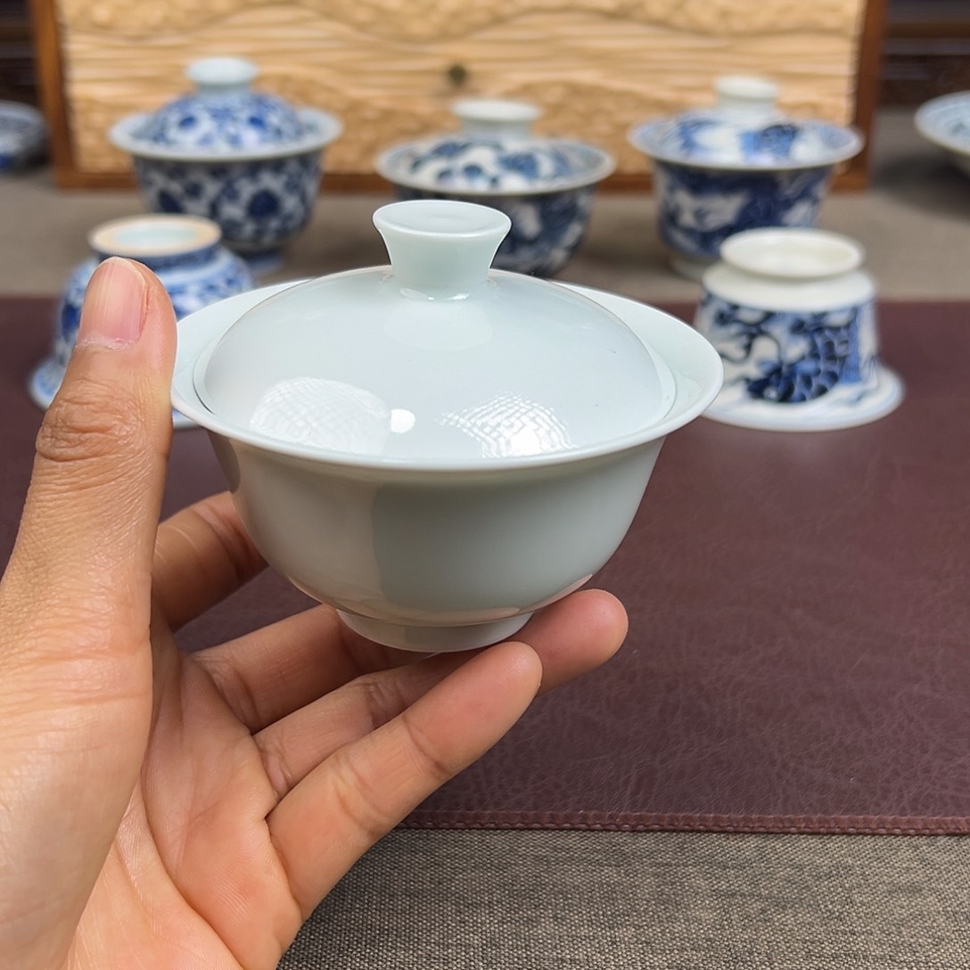 摆件景德镇白胎元宝盖碗