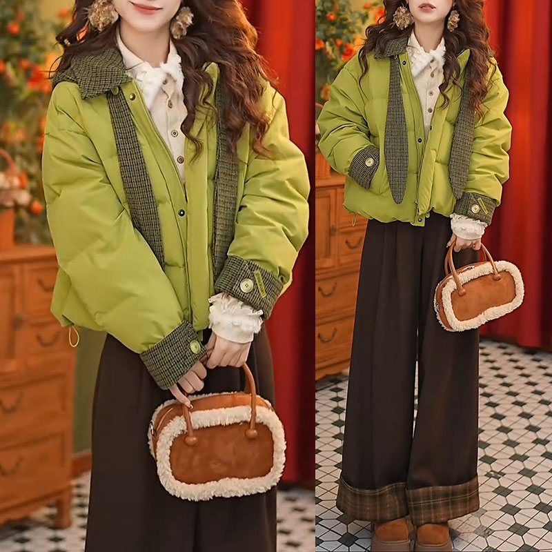 兹伊翰【绿野仙踪】兔耳朵格纹连帽棉服2026冬季新款阔腿裤时尚套装