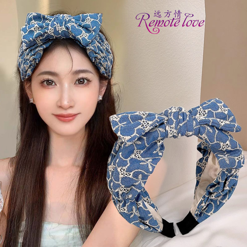 remote love/远方情复古牛仔蓝刺绣花朵蝴蝶结发箍高颅顶女T2800