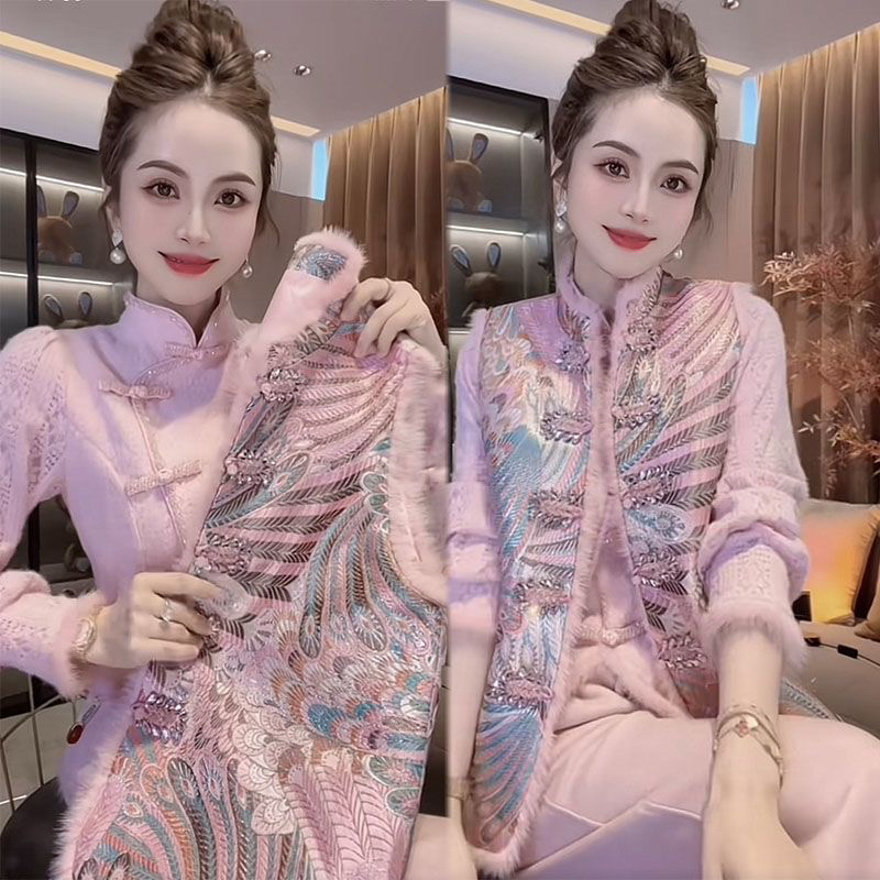 欧货网红同款高级精致贵气国风新中式马甲套装女冬季重工刺绣马夹