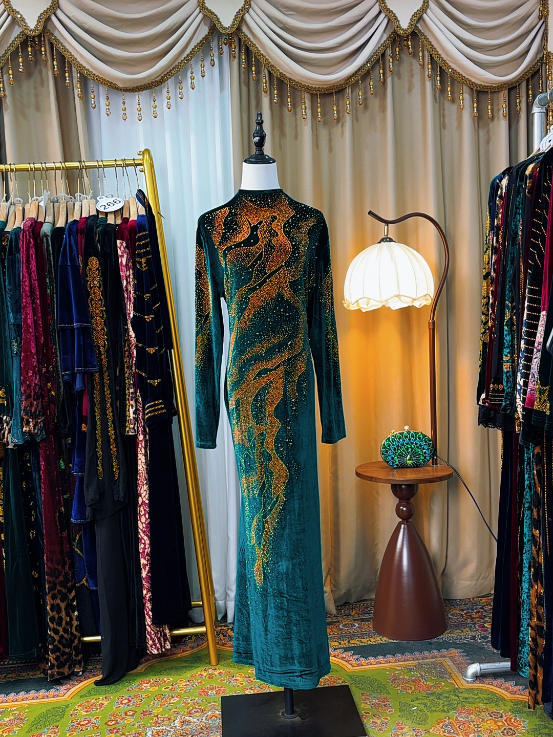 绿006气质修身显瘦重工烫钻长款连衣裙