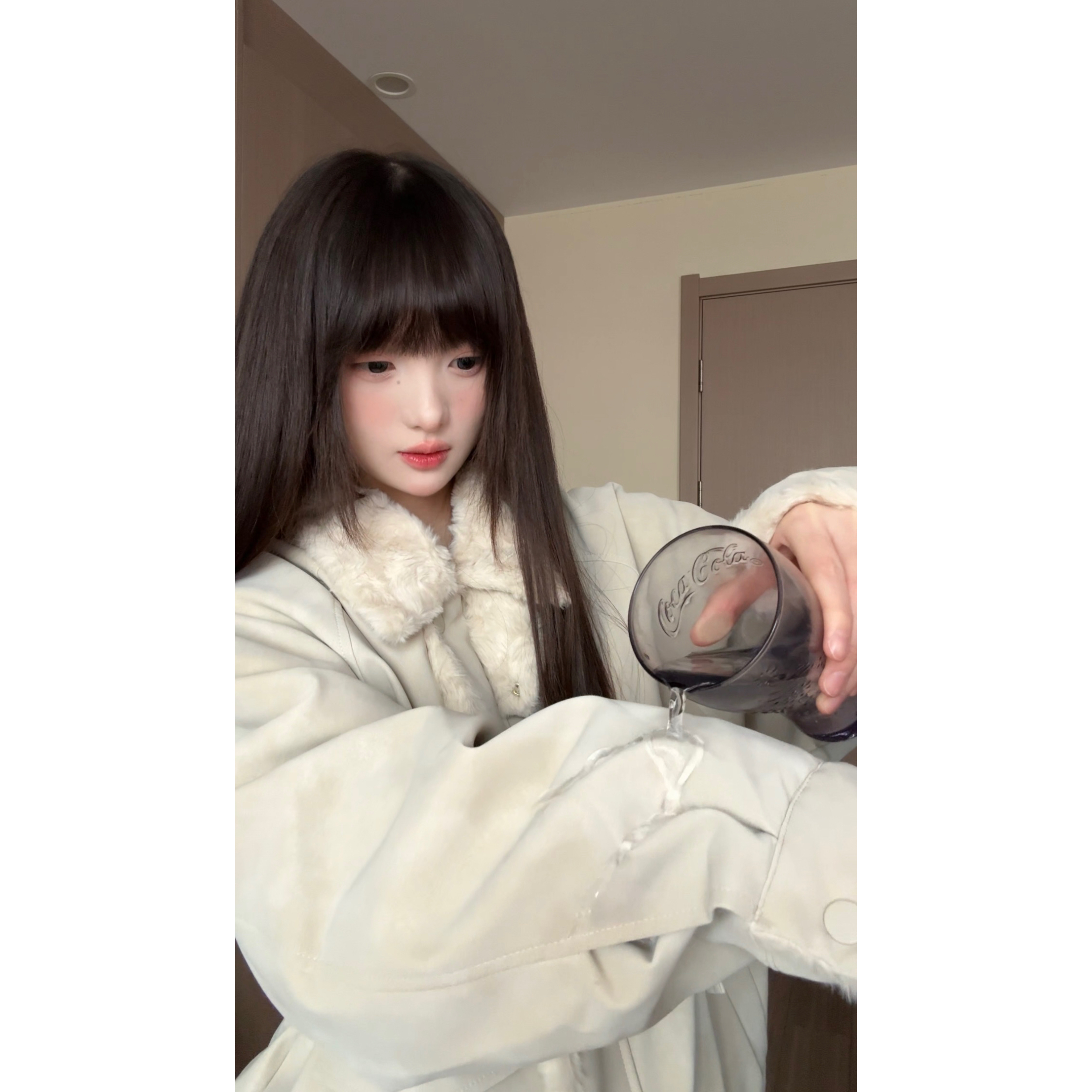 TOM潮 美式街头复古风翻领羔羔毛PU皮短外套皮衣夹克机车服甜酷风