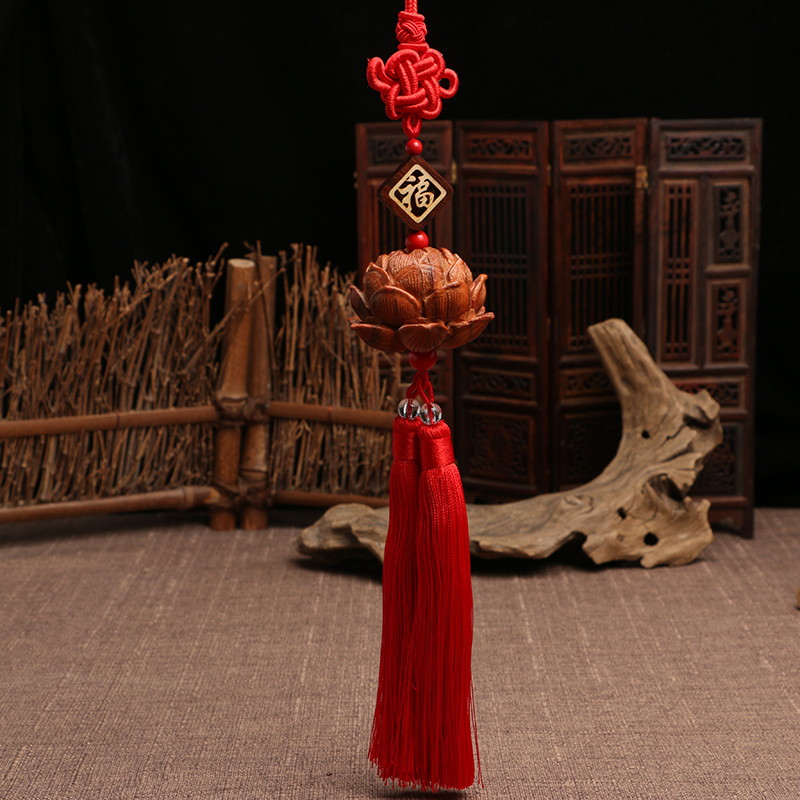 老桃木莲花挂件 保真桃木手工雕刻莲花 搭配嵌铜福字 莲花车挂