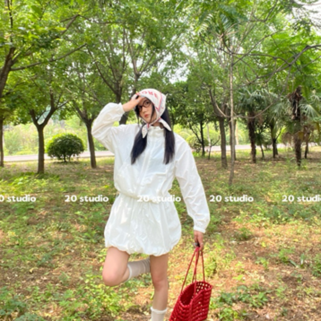短款防晒上衣搭配花苞半身裙女夏季时尚套装