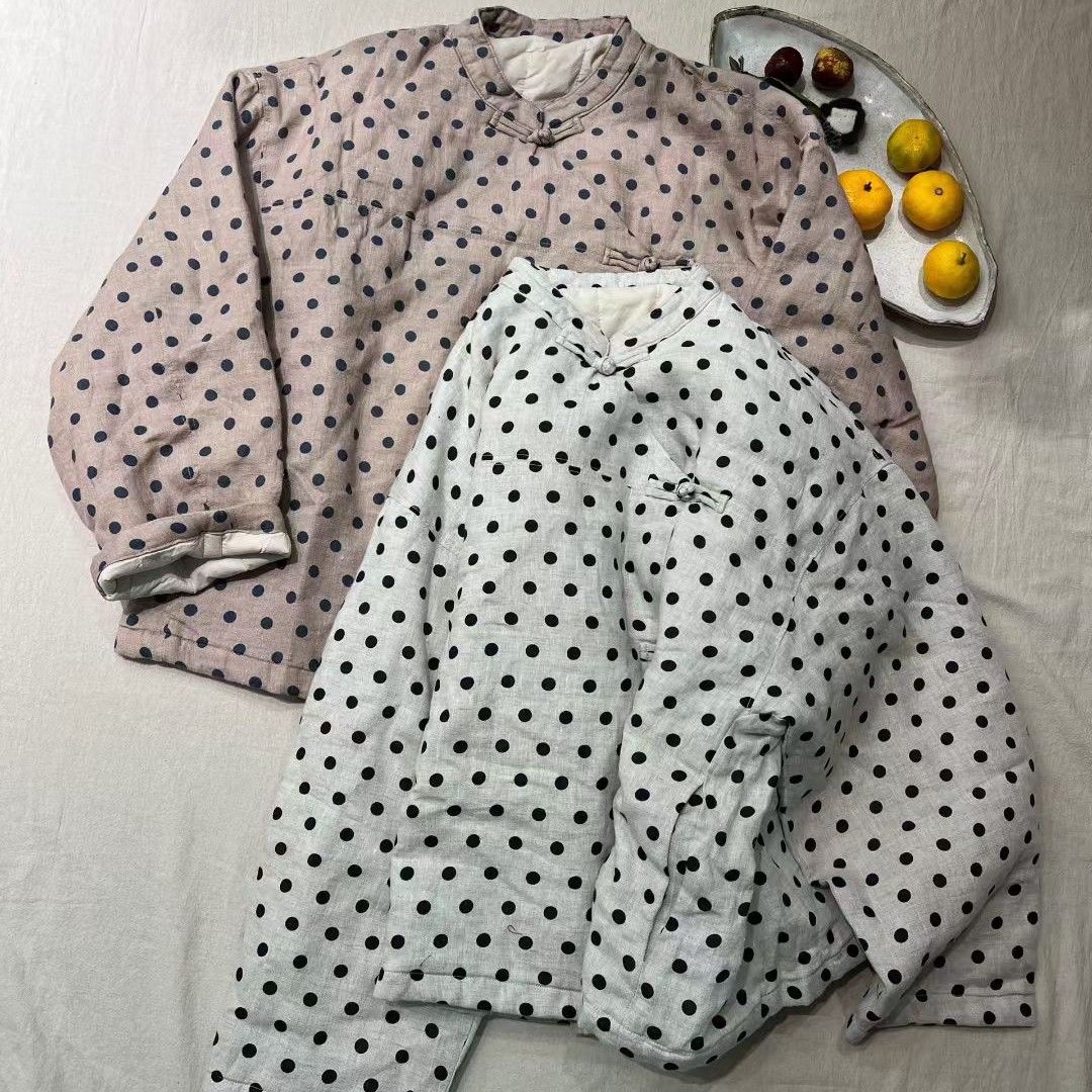 复古斜襟盘扣文艺夹棉休闲圆点短款棉服