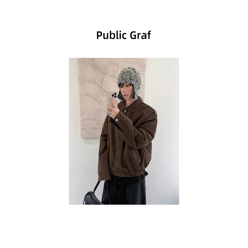 韩版简约休闲重磅硬挺长袖翻领拉链水洗做旧风加厚外套男