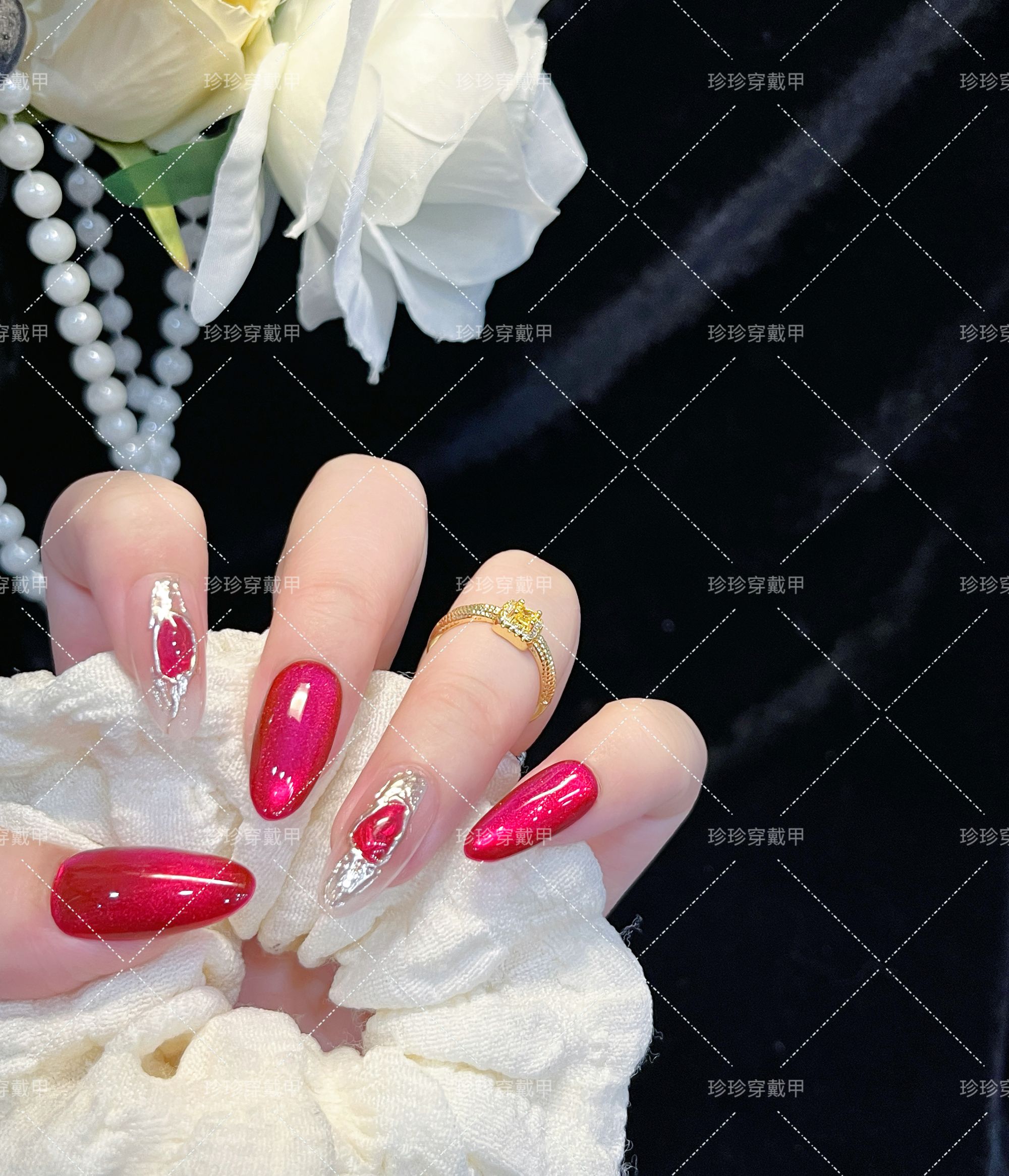 【都市丽人】珍珍手工穿戴甲高级感巴洛克风鎏金造型火龙果色猫眼