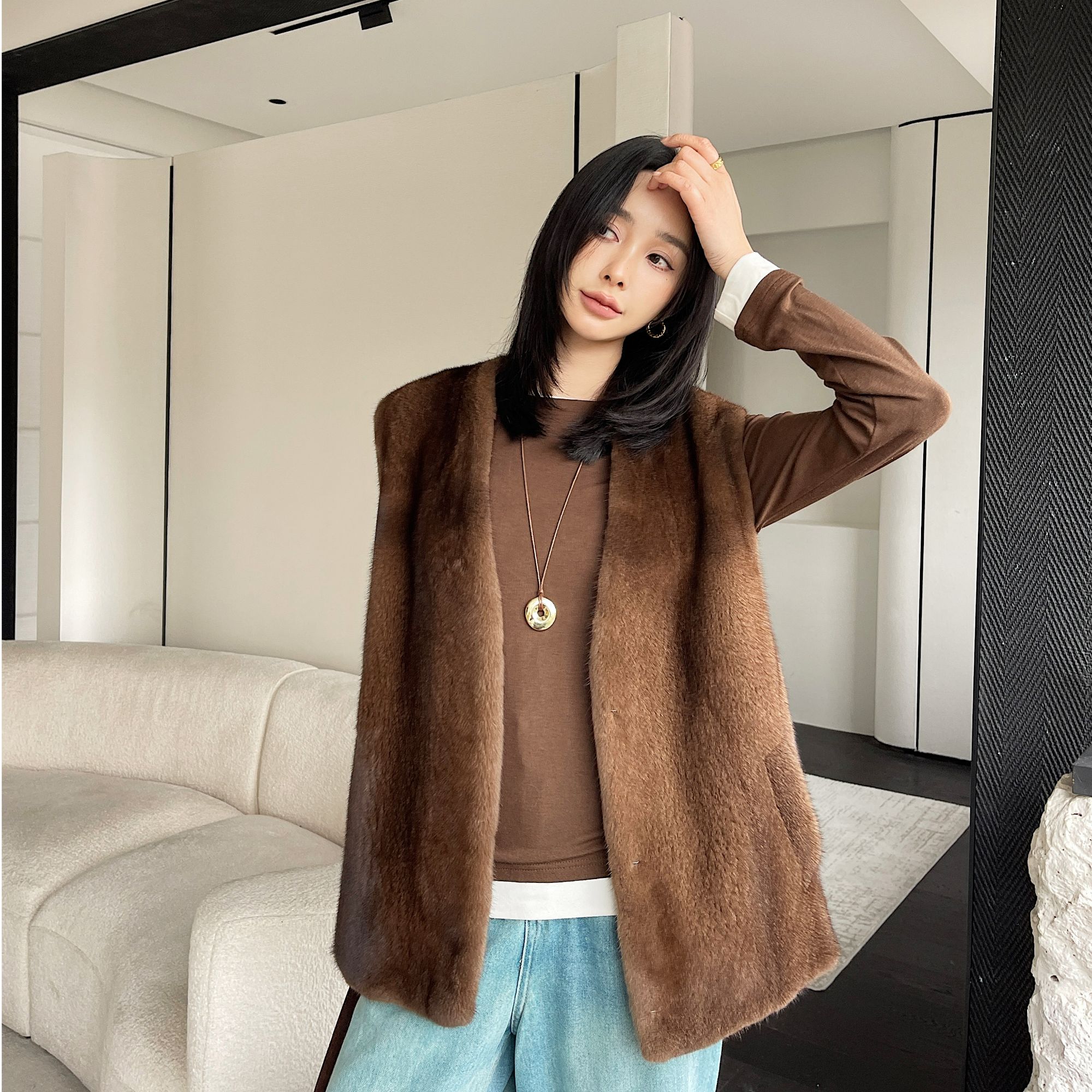 【婷婷】天鹅绒级别水貂整貂海宁皮草v领马甲外套秋冬气质大衣女