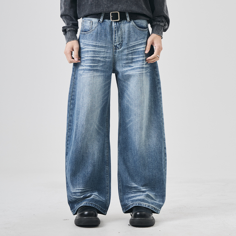复古立体猫须纹水洗牛仔裤男女同款cleanfit宽松直筒潮流百搭长裤