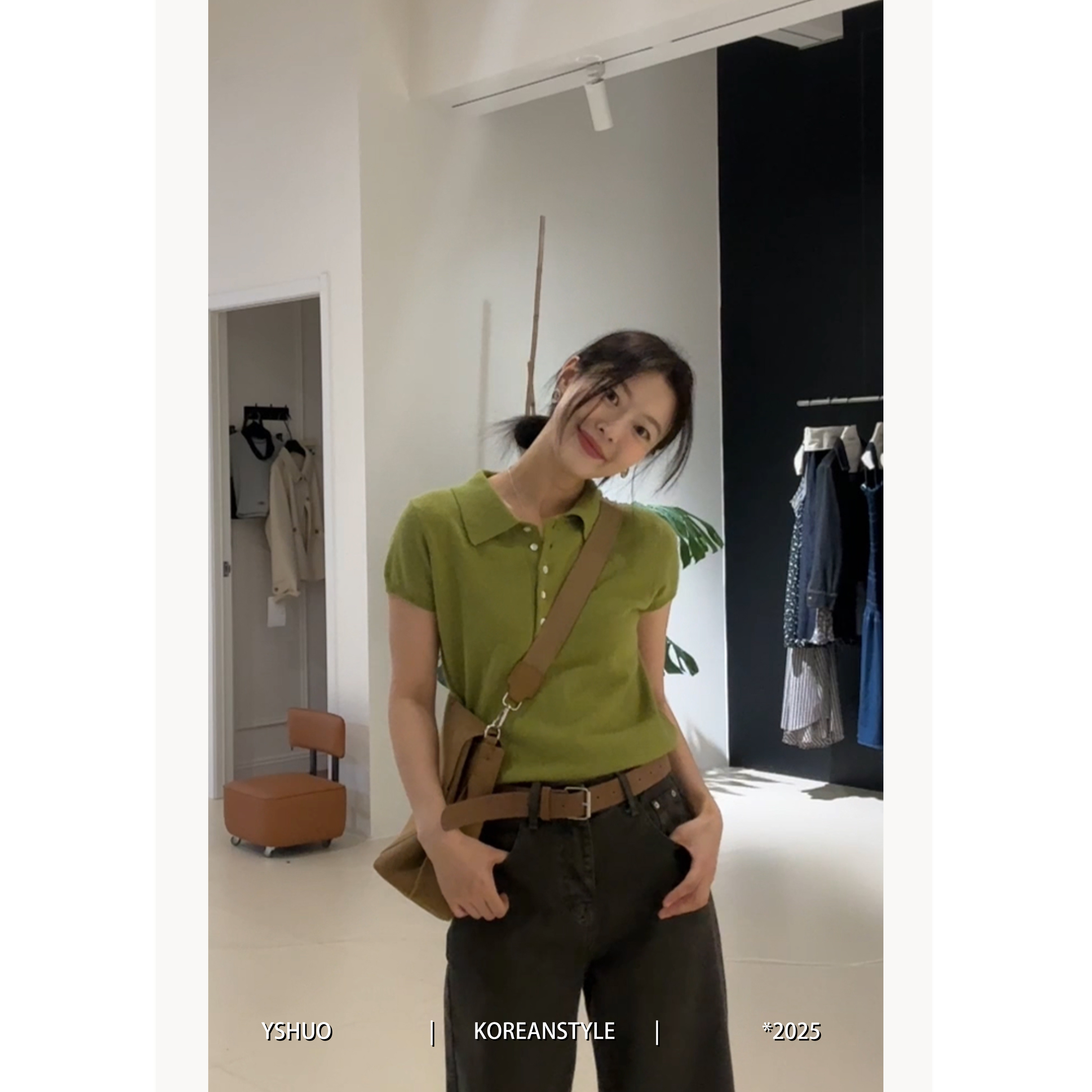 【腔调polo】松弛polo领纽扣设计气质百搭针织短袖上衣 25330