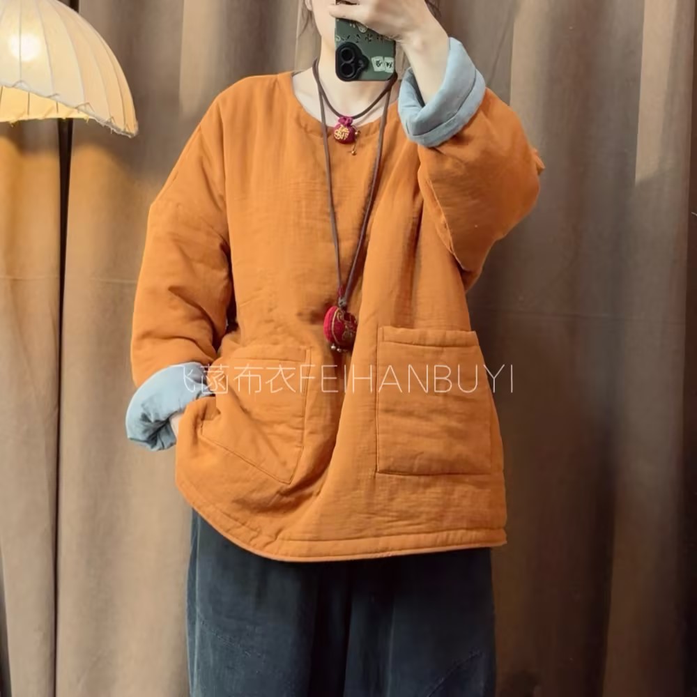 秋冬休闲双纱麻圆领套头宽松双色双穿棉服（长72胸围140）