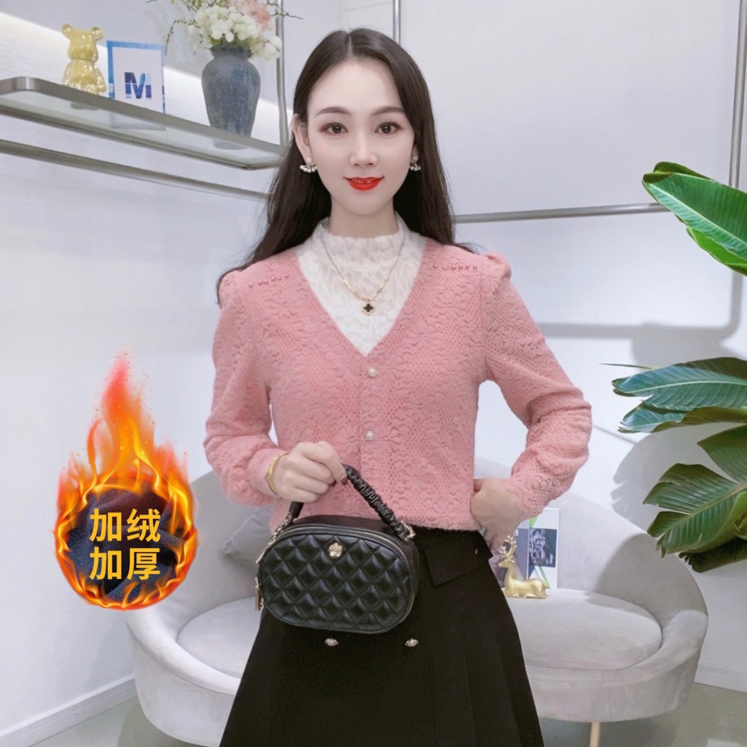 A7729半高领假两件蕾丝拼接修身显瘦冬季新款打底衫百搭时尚上衣