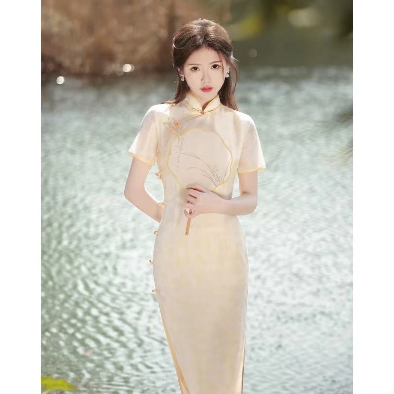 258-黄色 茶服 雪纺 改良 仙仙旗袍