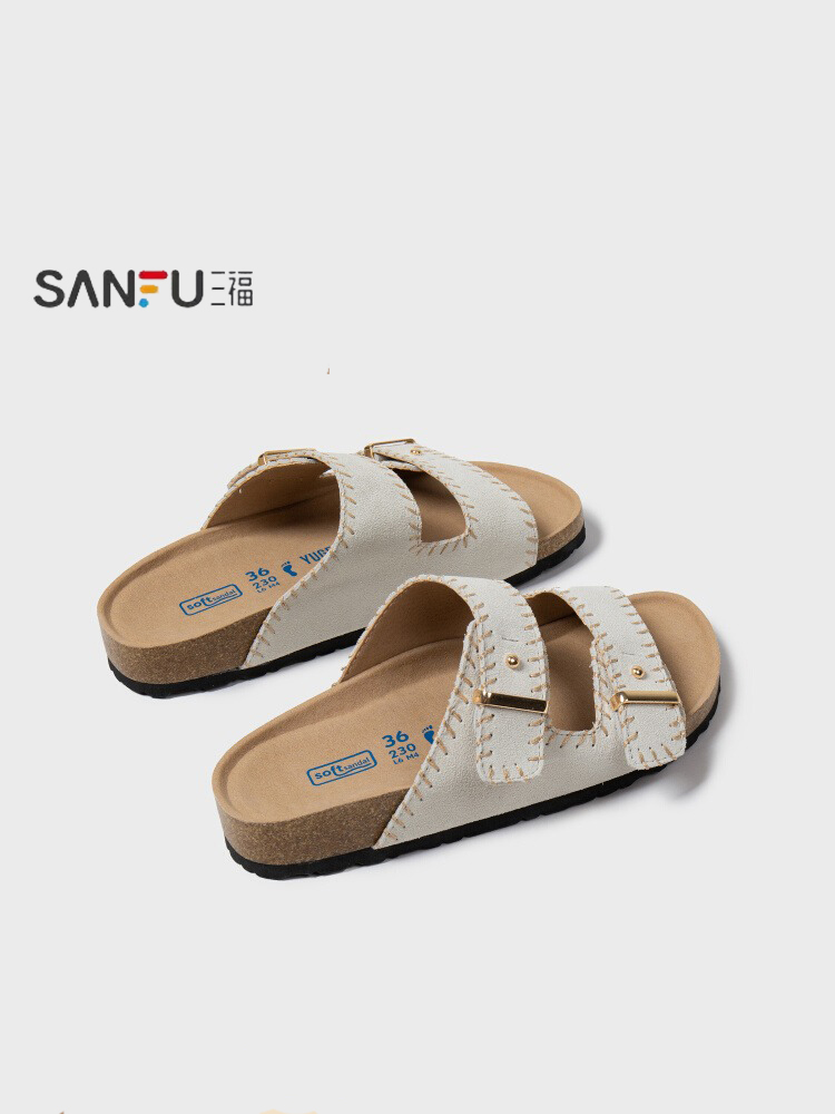 三福厚底真皮白鹿同款勃肯鞋女夏半拖鞋2025懒人博肯凉拖鞋沙滩鞋