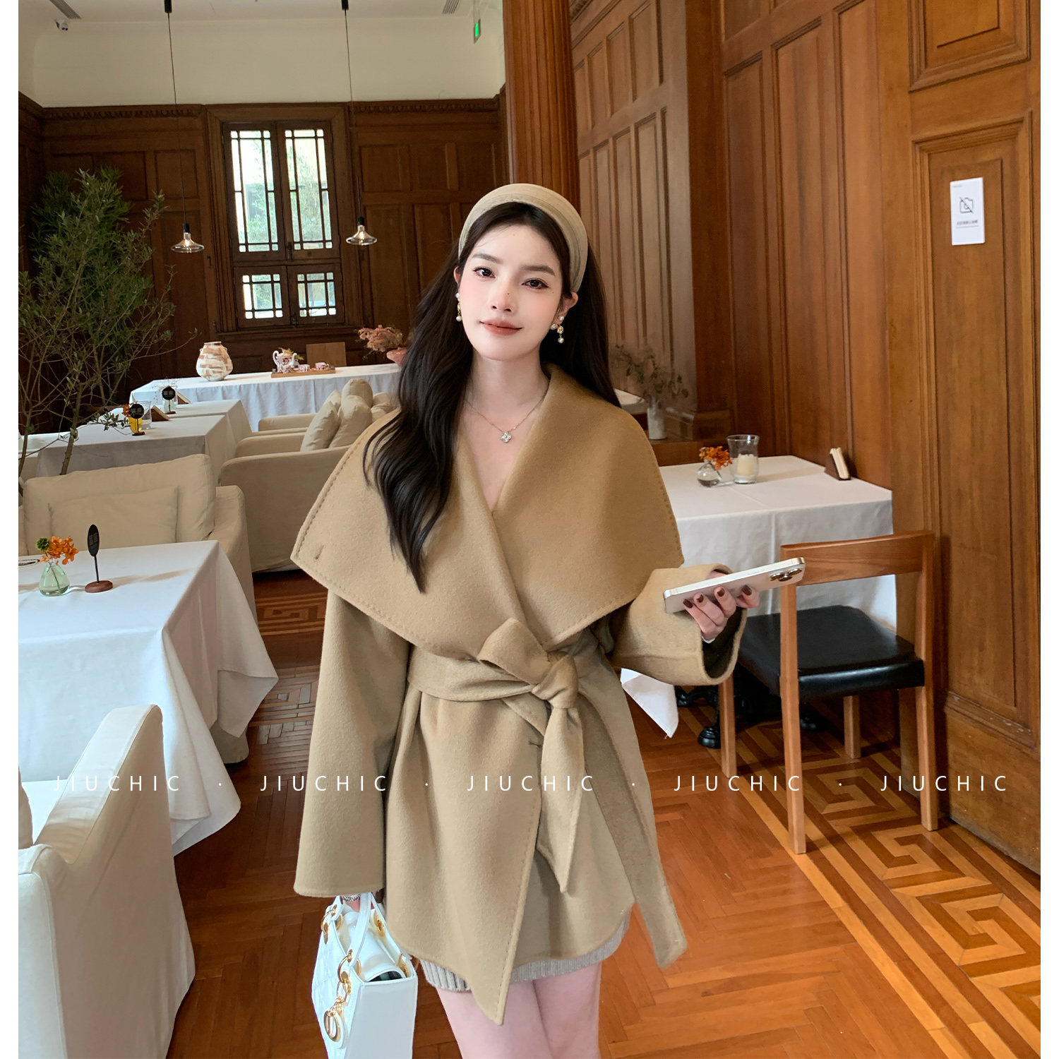 JiuChic2025大翻领双面羊绒大衣女高级感羊毛短款毛呢大衣外套