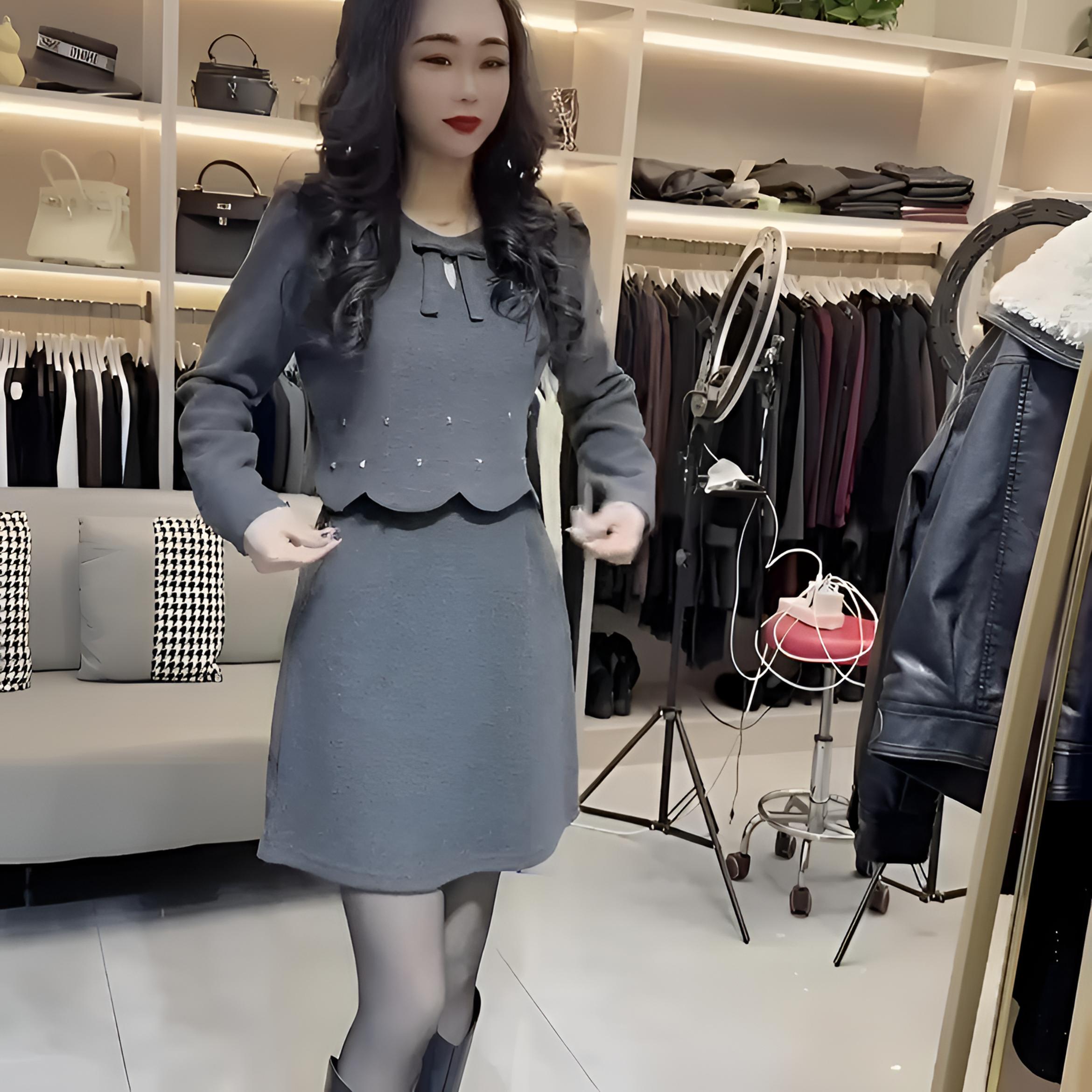 秋冬高级名媛风假两件针织连衣裙长袖拼接显瘦气质洋气遮肉时尚女