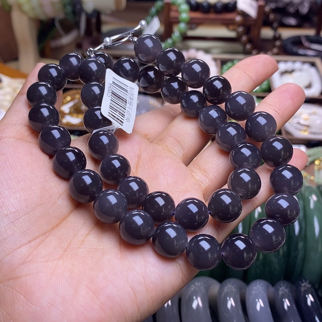 颈饰未镶嵌和田玉毕业级老坑料高冰浓烟紫葡萄紫妈妈链12m