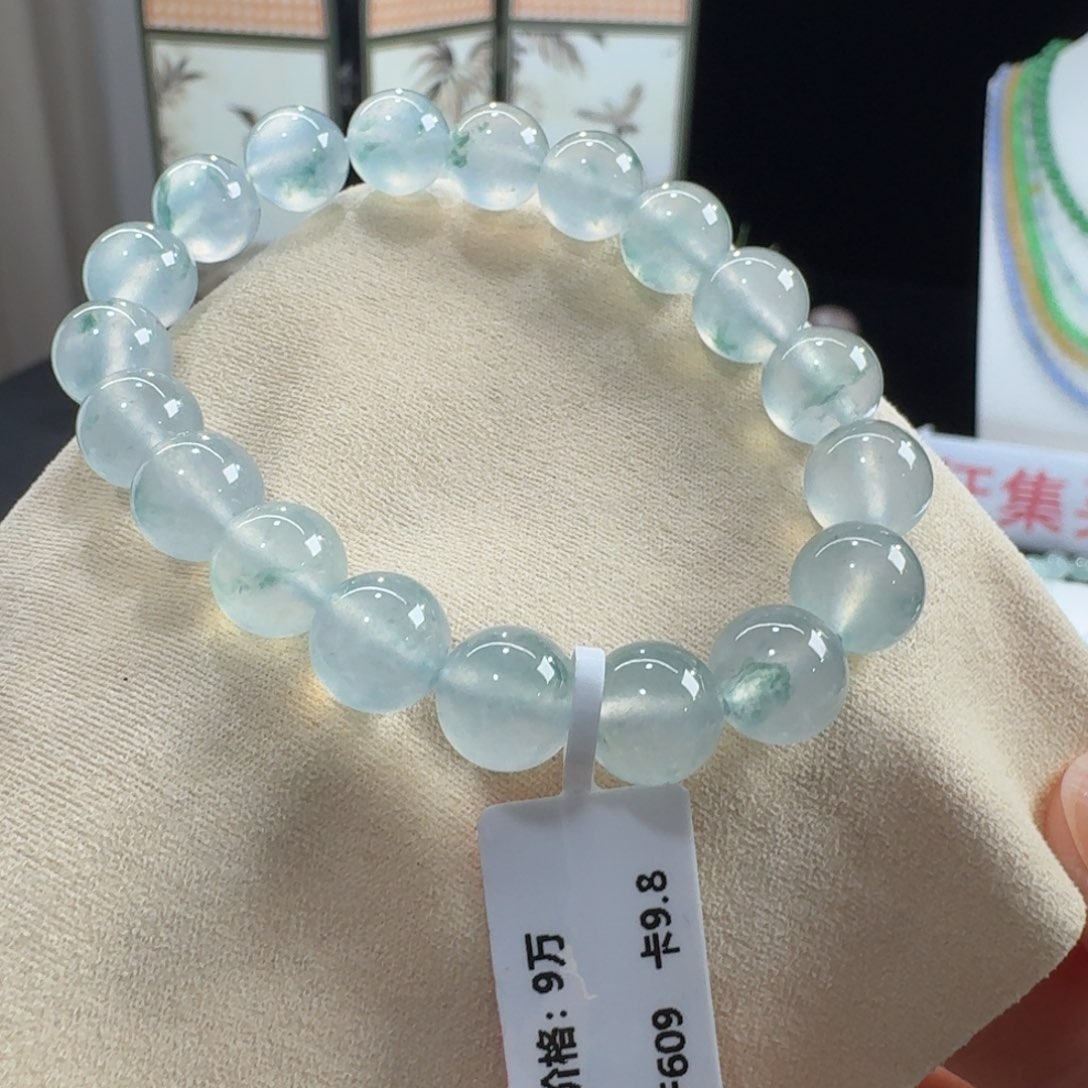 翡翠未镶嵌手链炸光！高冰玻冰川蓝飘蓝花单圈9.8mm