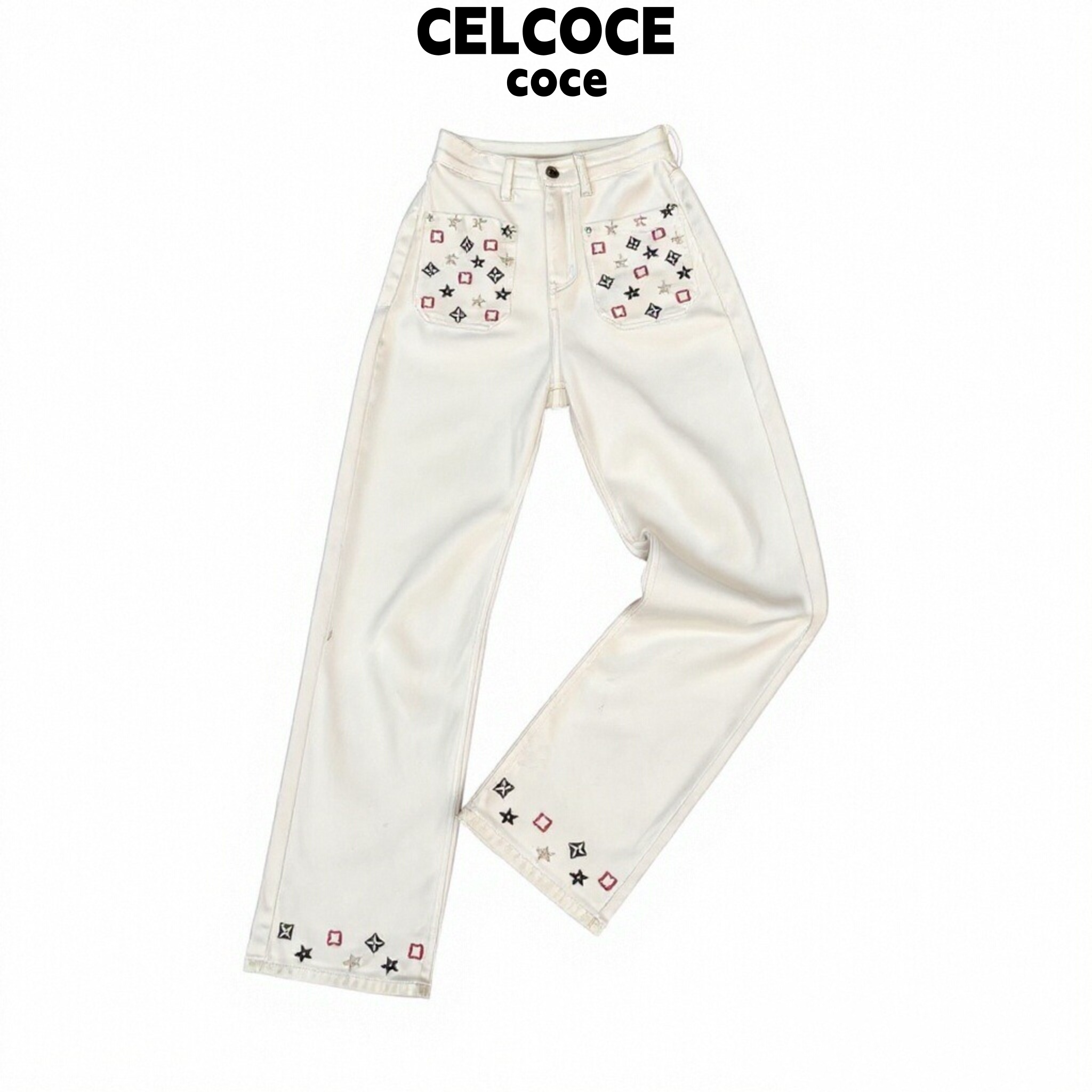 CELCOCE-L10-美式休闲小众设计感百搭刺绣显瘦直筒白色牛仔裤-Y