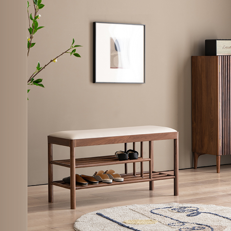 良年家具 纯实木换鞋凳黑胡桃木矮凳穿鞋凳北欧鞋柜家用进