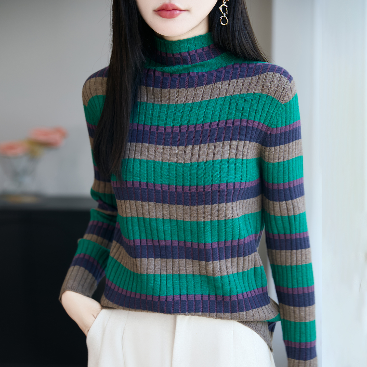 【柔软~亲肤】半高领撞色修身精纺羊毛针织衫秋冬拼色套头女内搭