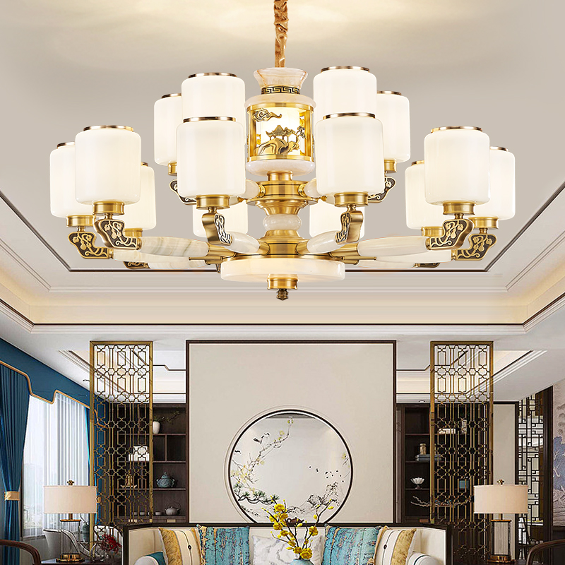 禅意大厅新中式简约吊灯酒店大吊灯别墅自建房吊灯全铜玉石吊灯