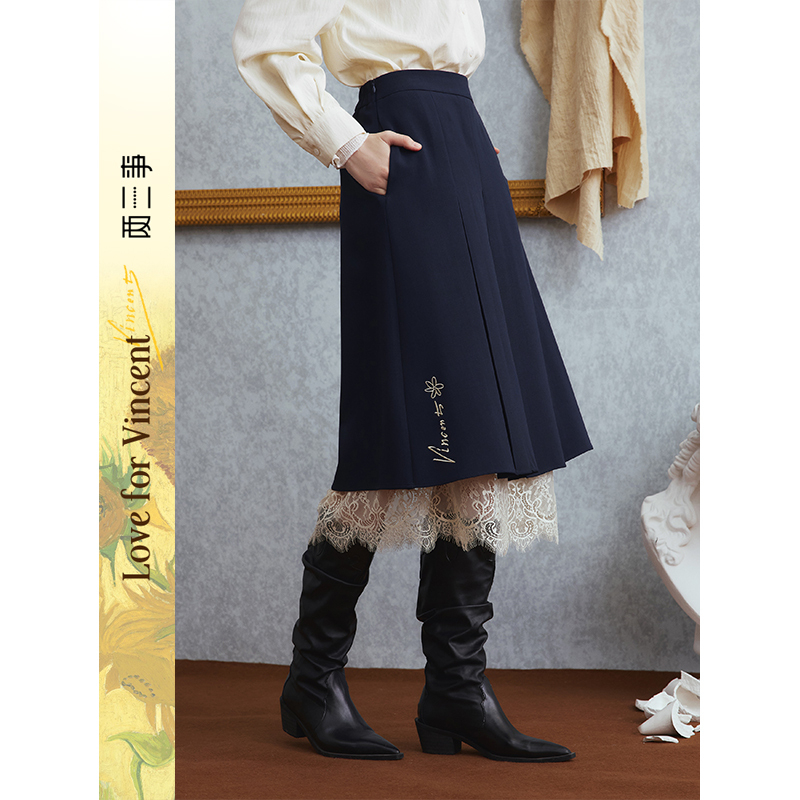 两三事梵高文艺墨迹飞雪2025秋季新款蕾丝拼接双层裙摆刺绣半身裙