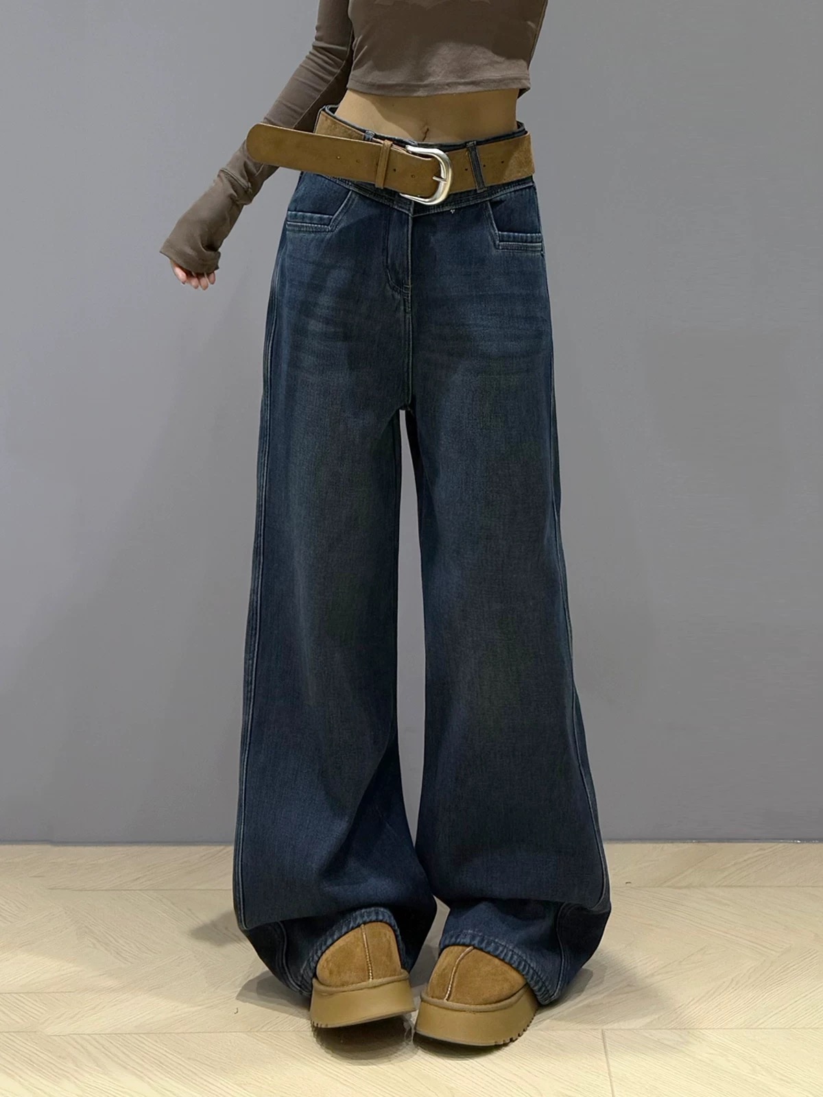 公主 简约水洗牛仔裤冬季垂感阔腿裤宽松拖地裤362深361浅90357黑