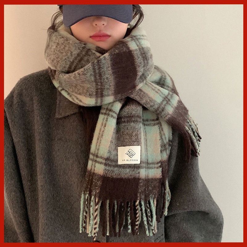 秋冬新款马海毛美拉德格子围巾复古氛围感加长加厚保暖披肩