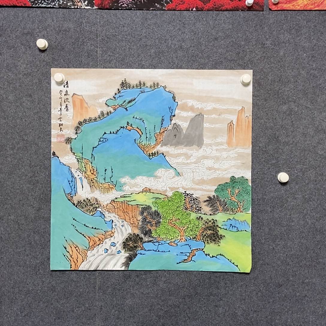 国画四尺斗方山水一副