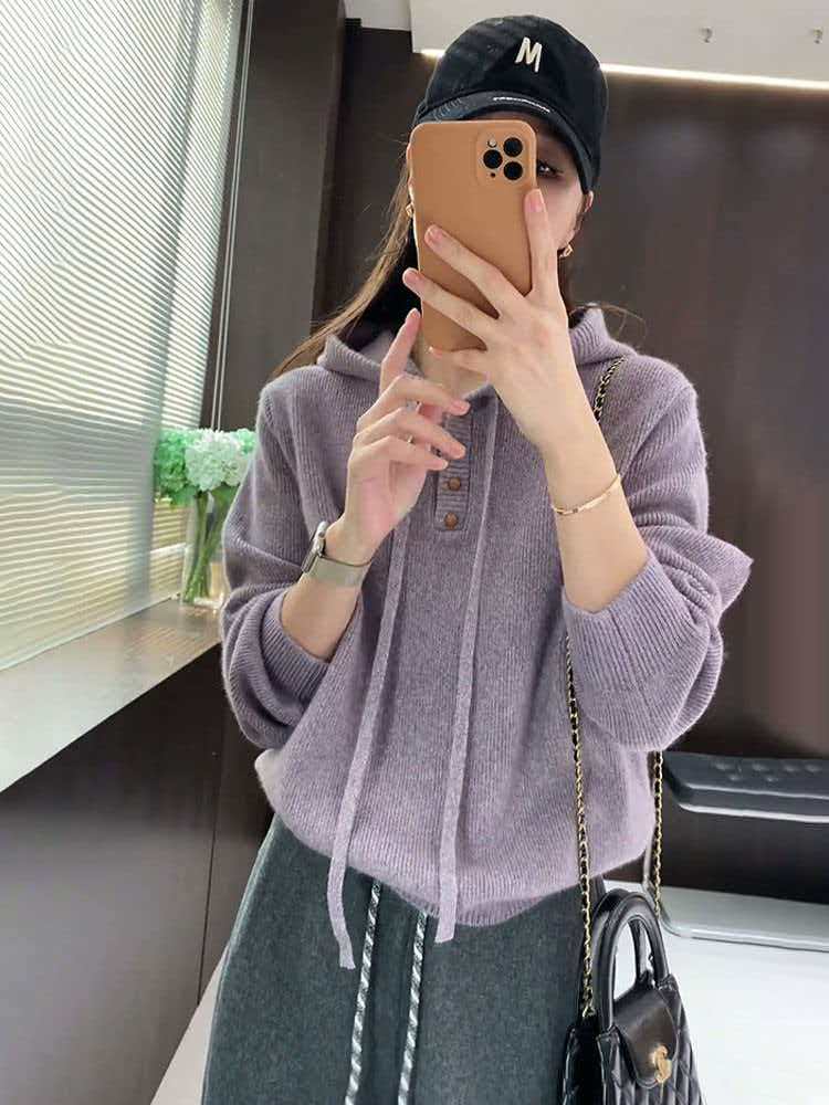 新款时尚气质长袖百搭纯色韩版休闲帽衫毛衣连帽针织上衣K1-13