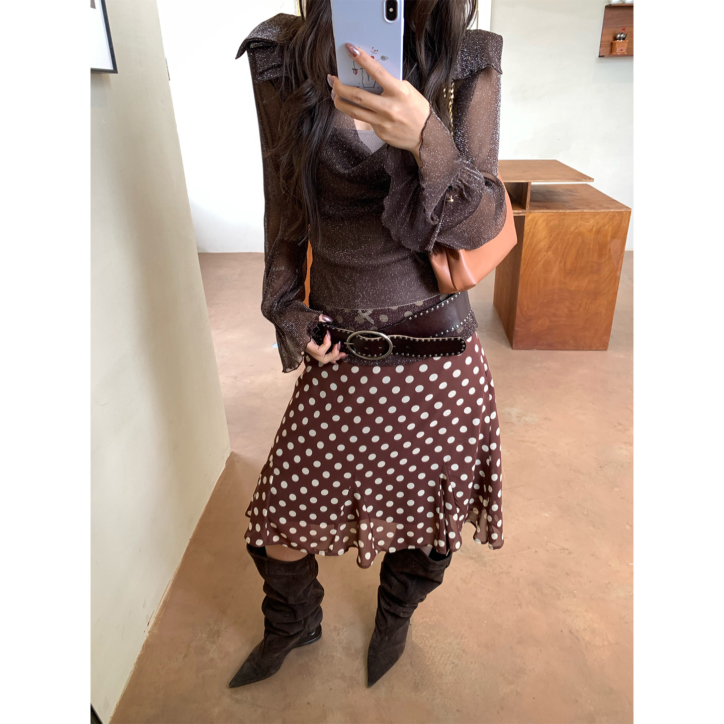 MAR 春季新款复古波点半身裙女低腰中长款设计感显瘦鱼尾裙606424