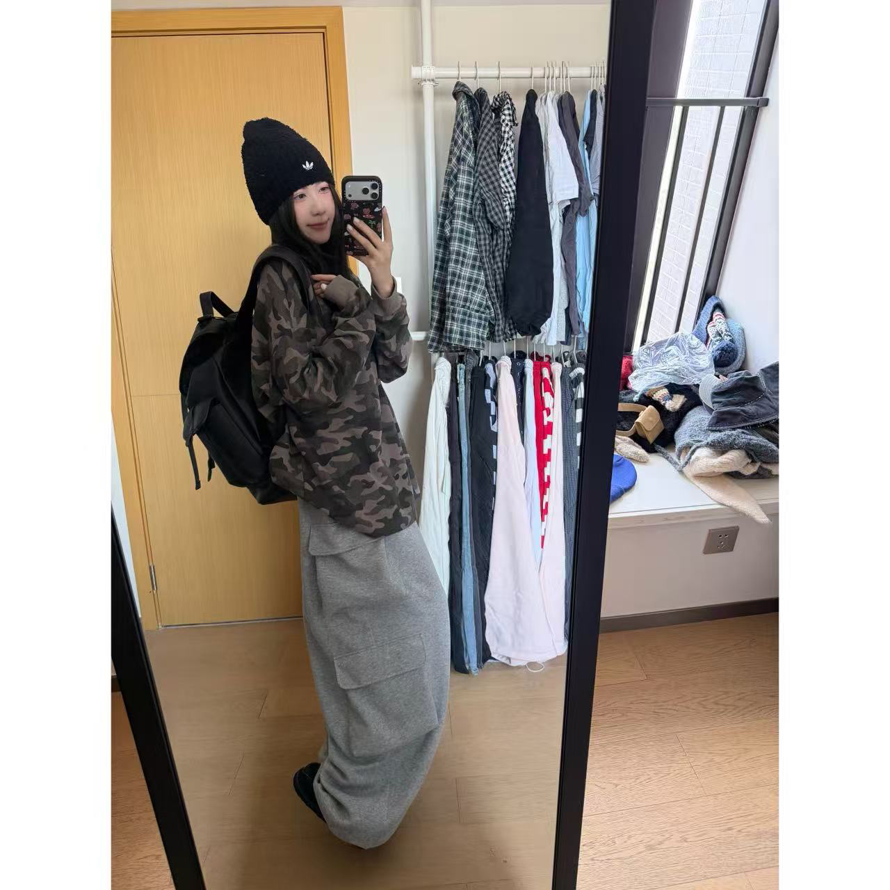 “清仓款”华夫格迷彩圆领卫衣宽松迷彩印花套头长袖205