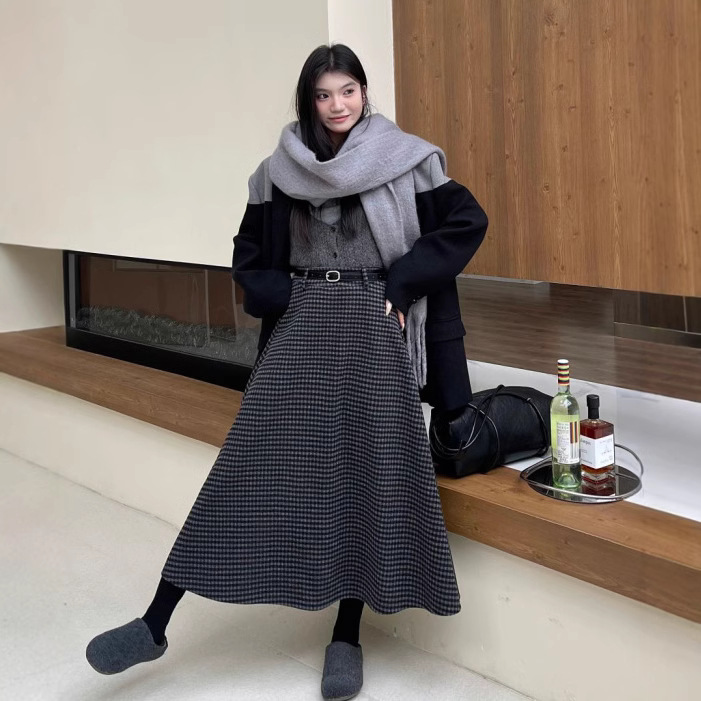 YK-99296~十三行法式复古格子半裙韩版气质通勤毛呢半裙