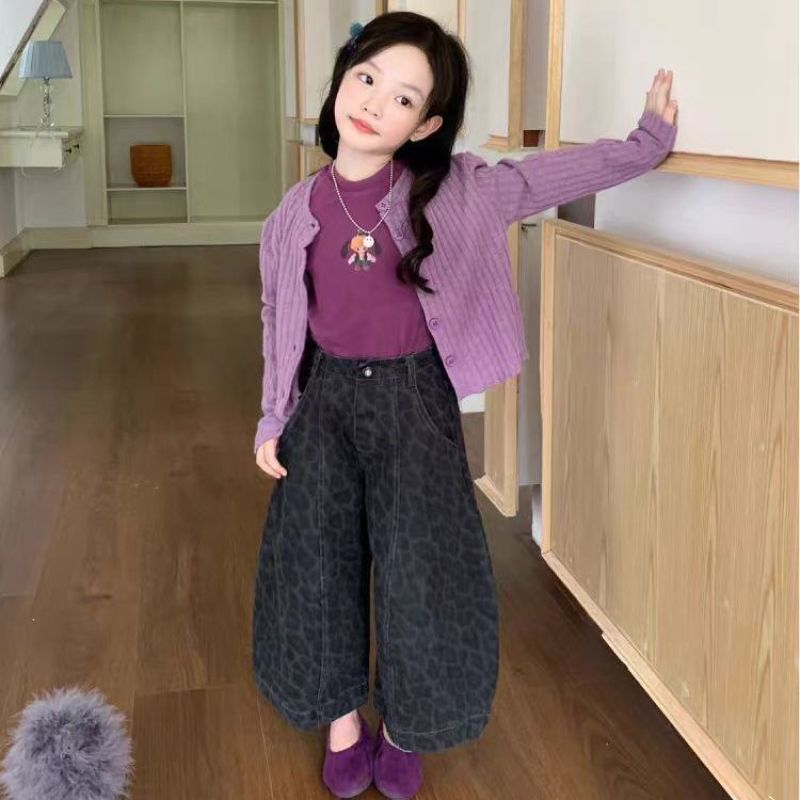 童装秋季新款女童洋气针织开衫卡通打底衫豹纹阔腿裤爆款潮流套装