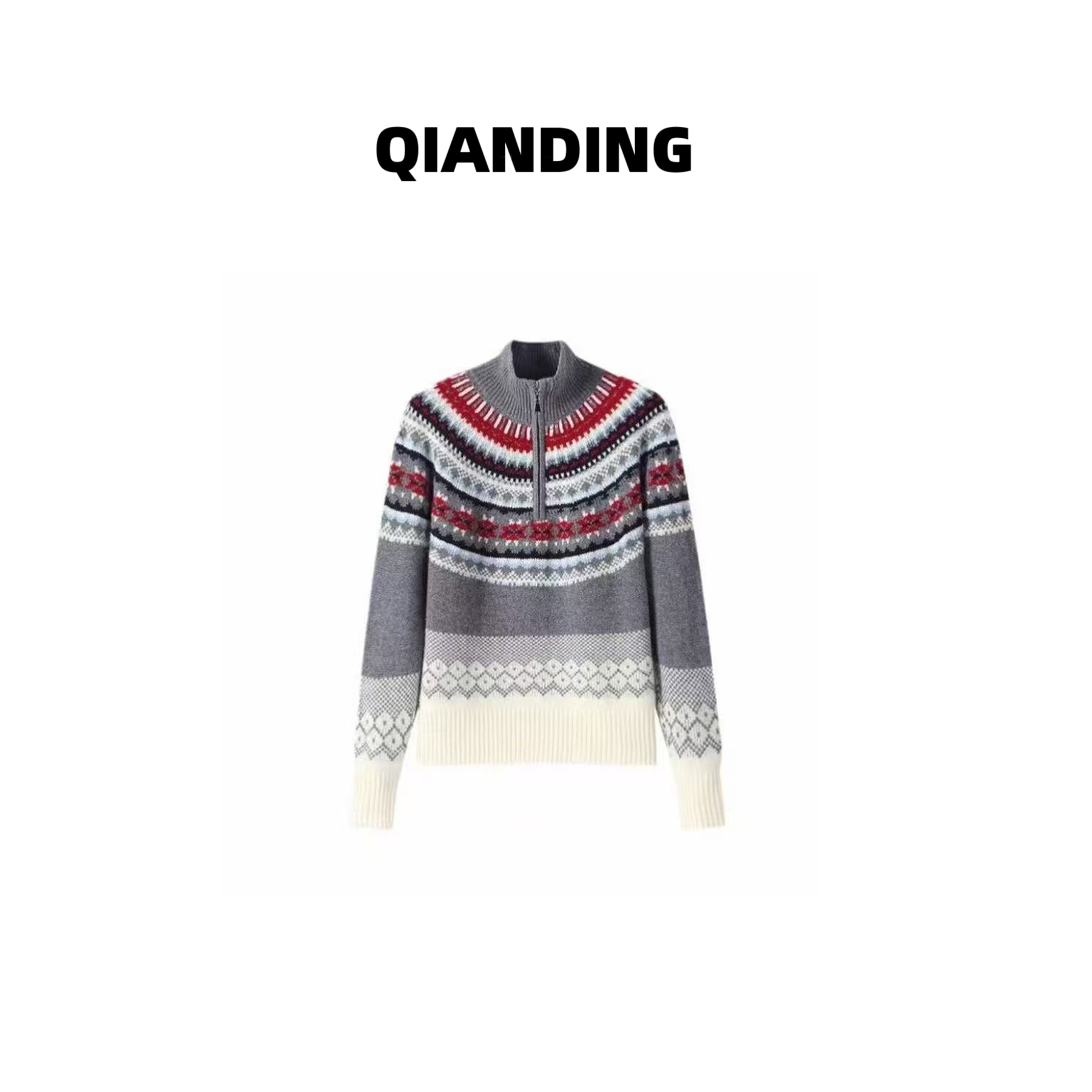 【QIANDING】【提花费尔岛毛衣】撞色提花可翻领可立领254519