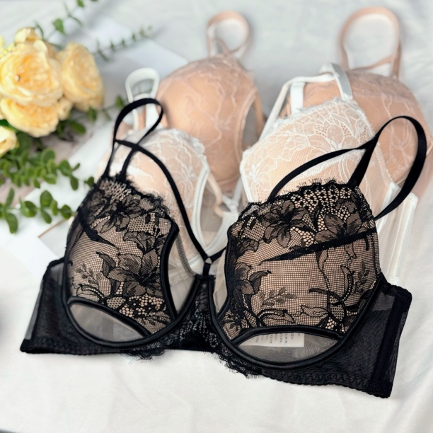 法式纯欲性感蕾丝薄款软钢圈聚拢收副乳大胸显小文胸