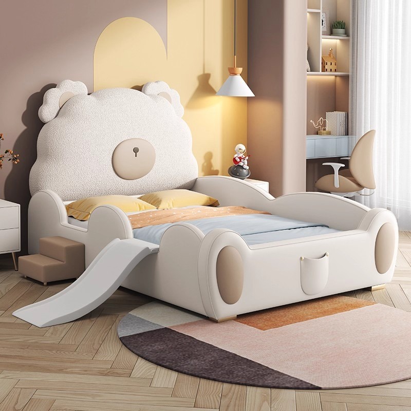 卡通小熊床奶油风实木儿童床男孩床简约儿童房储物床1.5米家用床