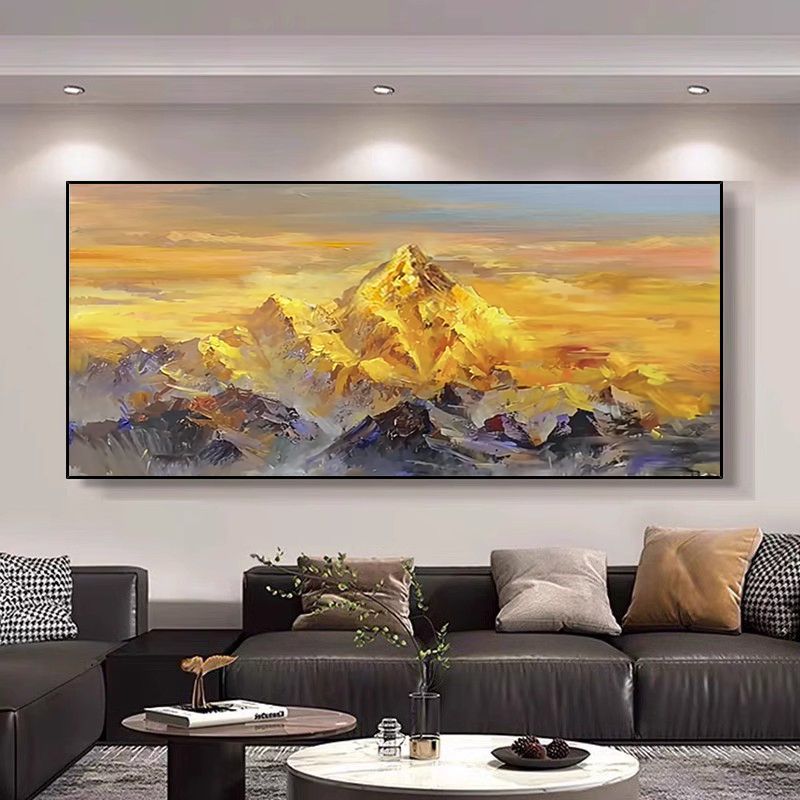 手绘油画《日照金山》横幅客厅沙发背景装饰画卧室床头画走廊挂画