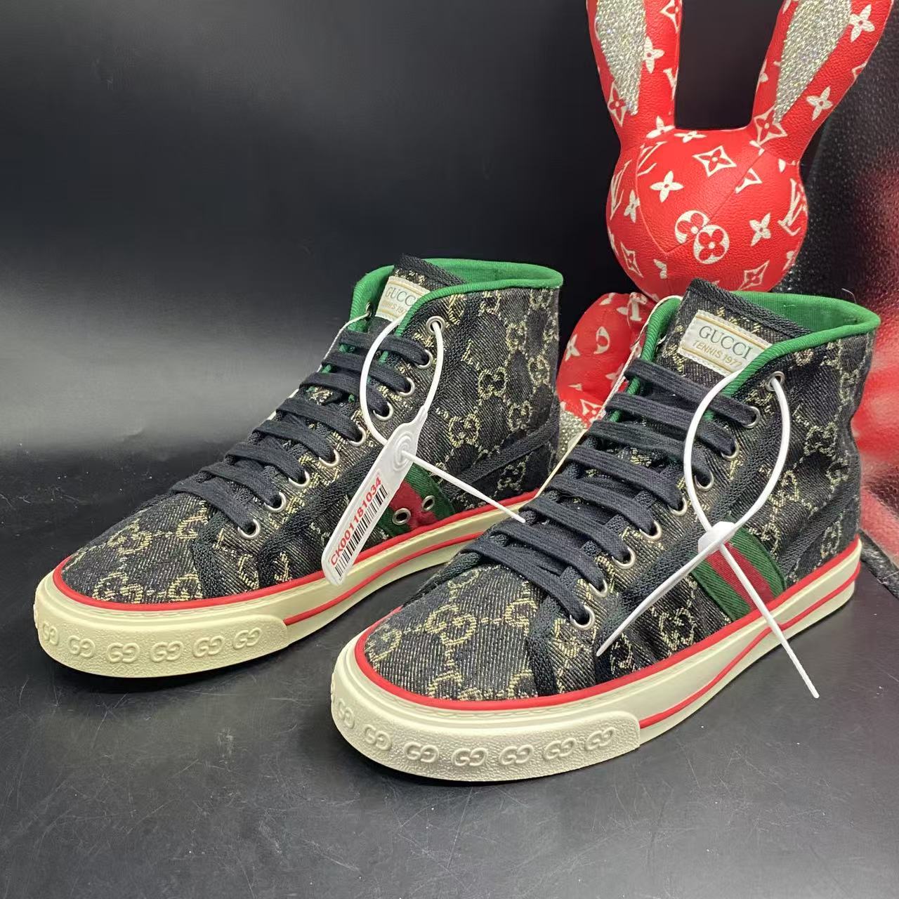 95新 GUCCI/古驰 【聚星优选】黑色老花1977高帮板鞋38.5码ddm1971