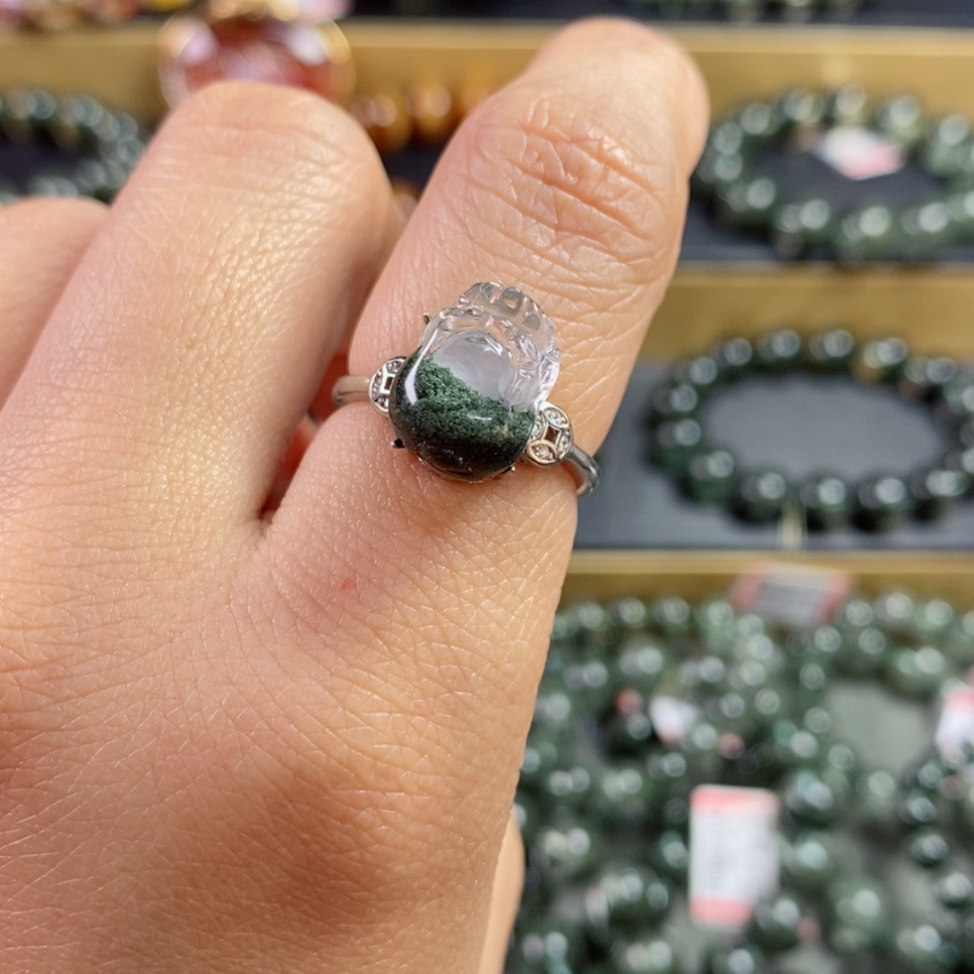 水晶戒指银S925镶嵌绿幽灵戒指