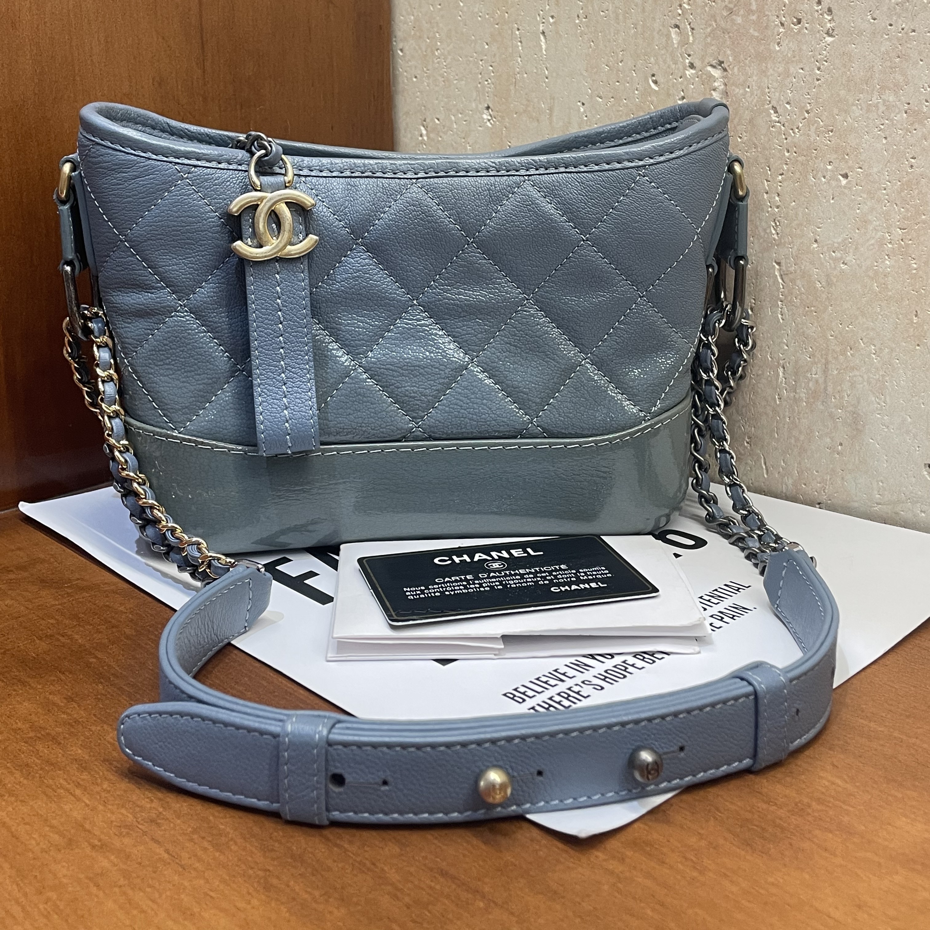 95新 Chanel/香奈儿 0889 Chanel 小号雾霾蓝流浪包 漆皮山羊皮